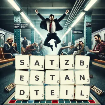 Kreative Illustration für ein Scrabble-Spiel, bei dem das Wort SATZBESTANDTEIL mit Steinen auf dem Brett gelegt wurde.