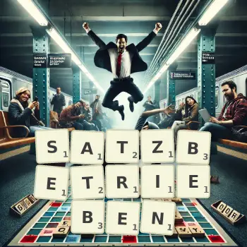 Kreative Illustration für ein Scrabble-Spiel, bei dem das Wort SATZBETRIEBEN mit Steinen auf dem Brett gelegt wurde.