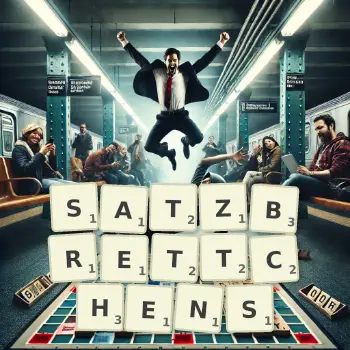 Kreative Illustration für ein Scrabble-Spiel, bei dem das Wort SATZBRETTCHENS mit Steinen auf dem Brett gelegt wurde.