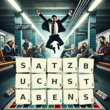 Kreative Illustration für ein Scrabble-Spiel, bei dem das Wort SATZBUCHSTABENS mit Steinen auf dem Brett gelegt wurde.