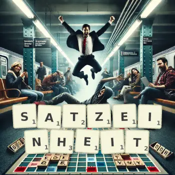 Kreative Illustration für ein Scrabble-Spiel, bei dem das Wort SATZEINHEIT mit Steinen auf dem Brett gelegt wurde.