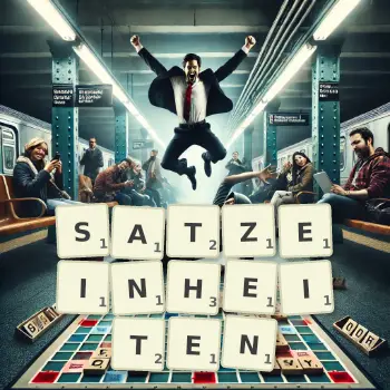 Kreative Illustration für ein Scrabble-Spiel, bei dem das Wort SATZEINHEITEN mit Steinen auf dem Brett gelegt wurde.