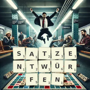 Kreative Illustration für ein Scrabble-Spiel, bei dem das Wort SATZENTWÜRFEN mit Steinen auf dem Brett gelegt wurde.