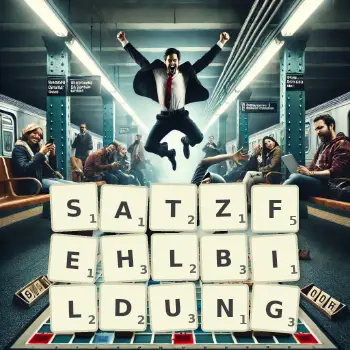 Kreative Illustration für ein Scrabble-Spiel, bei dem das Wort SATZFEHLBILDUNG mit Steinen auf dem Brett gelegt wurde.