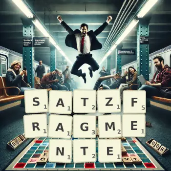 Kreative Illustration für ein Scrabble-Spiel, bei dem das Wort SATZFRAGMENTE mit Steinen auf dem Brett gelegt wurde.