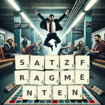 Kreative Illustration für ein Scrabble-Spiel, bei dem das Wort SATZFRAGMENTEN mit Steinen auf dem Brett gelegt wurde.