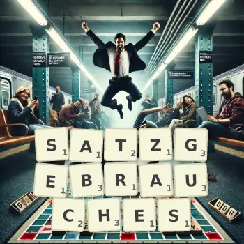 Kreative Illustration für ein Scrabble-Spiel, bei dem das Wort SATZGEBRAUCHES mit Steinen auf dem Brett gelegt wurde.