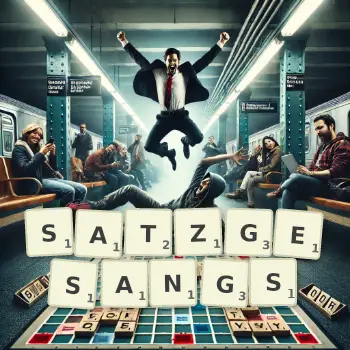 Kreative Illustration für ein Scrabble-Spiel, bei dem das Wort SATZGESANGS mit Steinen auf dem Brett gelegt wurde.