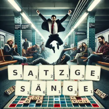 Kreative Illustration für ein Scrabble-Spiel, bei dem das Wort SATZGESÄNGE mit Steinen auf dem Brett gelegt wurde.