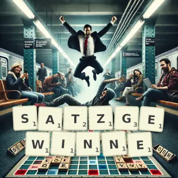 Kreative Illustration für ein Scrabble-Spiel, bei dem das Wort SATZGEWINNE mit Steinen auf dem Brett gelegt wurde.