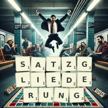 Kreative Illustration für ein Scrabble-Spiel, bei dem das Wort SATZGLIEDERUNG mit Steinen auf dem Brett gelegt wurde.