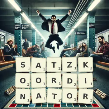 Kreative Illustration für ein Scrabble-Spiel, bei dem das Wort SATZKOORDINATOR mit Steinen auf dem Brett gelegt wurde.