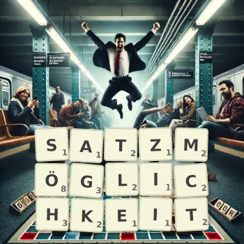 Kreative Illustration für ein Scrabble-Spiel, bei dem das Wort SATZMÖGLICHKEIT mit Steinen auf dem Brett gelegt wurde.