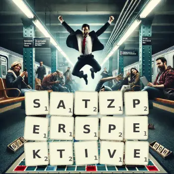 Kreative Illustration für ein Scrabble-Spiel, bei dem das Wort SATZPERSPEKTIVE mit Steinen auf dem Brett gelegt wurde.