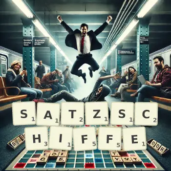 Kreative Illustration für ein Scrabble-Spiel, bei dem das Wort SATZSCHIFFE mit Steinen auf dem Brett gelegt wurde.