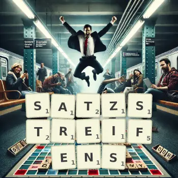 Kreative Illustration für ein Scrabble-Spiel, bei dem das Wort SATZSTREIFENS mit Steinen auf dem Brett gelegt wurde.