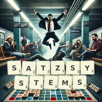 Kreative Illustration für ein Scrabble-Spiel, bei dem das Wort SATZSYSTEMS mit Steinen auf dem Brett gelegt wurde.