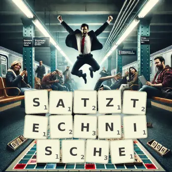 Kreative Illustration für ein Scrabble-Spiel, bei dem das Wort SATZTECHNISCHE mit Steinen auf dem Brett gelegt wurde.