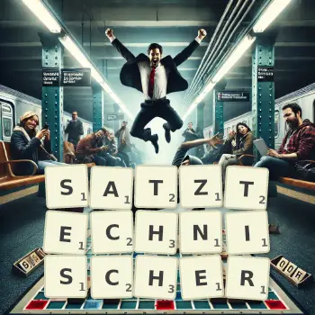 Kreative Illustration für ein Scrabble-Spiel, bei dem das Wort SATZTECHNISCHER mit Steinen auf dem Brett gelegt wurde.