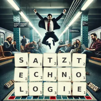 Kreative Illustration für ein Scrabble-Spiel, bei dem das Wort SATZTECHNOLOGIE mit Steinen auf dem Brett gelegt wurde.