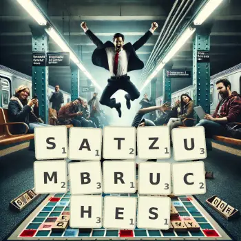 Kreative Illustration für ein Scrabble-Spiel, bei dem das Wort SATZUMBRUCHES mit Steinen auf dem Brett gelegt wurde.
