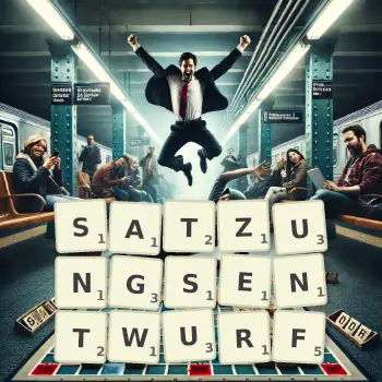Kreative Illustration für ein Scrabble-Spiel, bei dem das Wort SATZUNGSENTWURF mit Steinen auf dem Brett gelegt wurde.