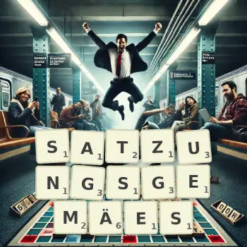 Kreative Illustration für ein Scrabble-Spiel, bei dem das Wort SATZUNGSGEMÄES mit Steinen auf dem Brett gelegt wurde.