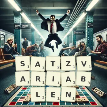 Kreative Illustration für ein Scrabble-Spiel, bei dem das Wort SATZVARIABLEN mit Steinen auf dem Brett gelegt wurde.