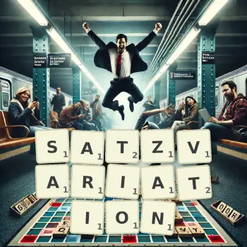 Kreative Illustration für ein Scrabble-Spiel, bei dem das Wort SATZVARIATION mit Steinen auf dem Brett gelegt wurde.