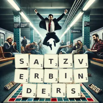 Kreative Illustration für ein Scrabble-Spiel, bei dem das Wort SATZVERBINDERS mit Steinen auf dem Brett gelegt wurde.