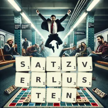 Kreative Illustration für ein Scrabble-Spiel, bei dem das Wort SATZVERLUSTEN mit Steinen auf dem Brett gelegt wurde.