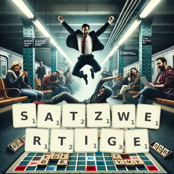 Kreative Illustration für ein Scrabble-Spiel, bei dem das Wort SATZWERTIGE mit Steinen auf dem Brett gelegt wurde.