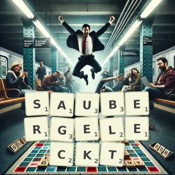 Kreative Illustration für ein Scrabble-Spiel, bei dem das Wort SAUBERGELECKT mit Steinen auf dem Brett gelegt wurde.