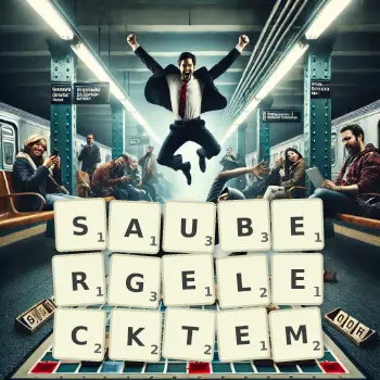 Kreative Illustration für ein Scrabble-Spiel, bei dem das Wort SAUBERGELECKTEM mit Steinen auf dem Brett gelegt wurde.