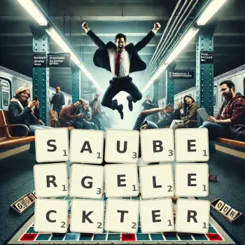 Kreative Illustration für ein Scrabble-Spiel, bei dem das Wort SAUBERGELECKTER mit Steinen auf dem Brett gelegt wurde.