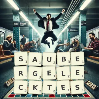 Kreative Illustration für ein Scrabble-Spiel, bei dem das Wort SAUBERGELECKTES mit Steinen auf dem Brett gelegt wurde.