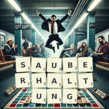 Kreative Illustration für ein Scrabble-Spiel, bei dem das Wort SAUBERHALTUNG mit Steinen auf dem Brett gelegt wurde.