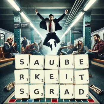 Kreative Illustration für ein Scrabble-Spiel, bei dem das Wort SAUBERKEITSGRAD mit Steinen auf dem Brett gelegt wurde.