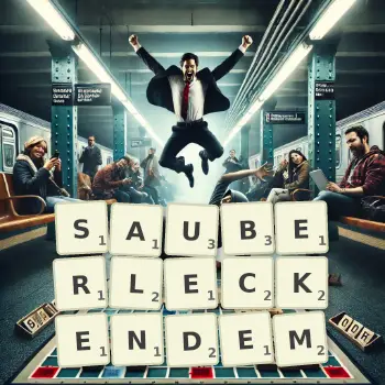 Kreative Illustration für ein Scrabble-Spiel, bei dem das Wort SAUBERLECKENDEM mit Steinen auf dem Brett gelegt wurde.