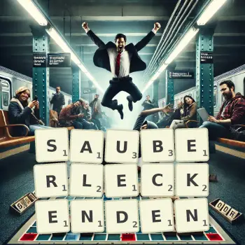 Kreative Illustration für ein Scrabble-Spiel, bei dem das Wort SAUBERLECKENDEN mit Steinen auf dem Brett gelegt wurde.