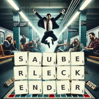 Kreative Illustration für ein Scrabble-Spiel, bei dem das Wort SAUBERLECKENDER mit Steinen auf dem Brett gelegt wurde.