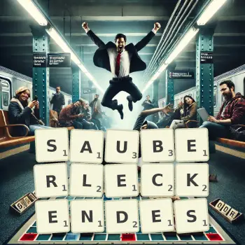 Kreative Illustration für ein Scrabble-Spiel, bei dem das Wort SAUBERLECKENDES mit Steinen auf dem Brett gelegt wurde.