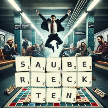 Kreative Illustration für ein Scrabble-Spiel, bei dem das Wort SAUBERLECKTEN mit Steinen auf dem Brett gelegt wurde.