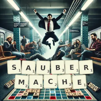 Kreative Illustration für ein Scrabble-Spiel, bei dem das Wort SAUBERMACHE mit Steinen auf dem Brett gelegt wurde.