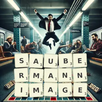 Kreative Illustration für ein Scrabble-Spiel, bei dem das Wort SAUBERMANNIMAGE mit Steinen auf dem Brett gelegt wurde.