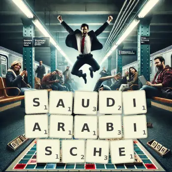 Kreative Illustration für ein Scrabble-Spiel, bei dem das Wort SAUDIARABISCHE mit Steinen auf dem Brett gelegt wurde.