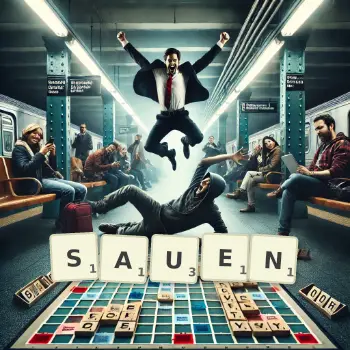 Kreative Illustration für ein Scrabble-Spiel, bei dem das Wort SAUEN mit Steinen auf dem Brett gelegt wurde.