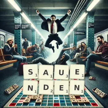 Kreative Illustration für ein Scrabble-Spiel, bei dem das Wort SAUENDEN mit Steinen auf dem Brett gelegt wurde.