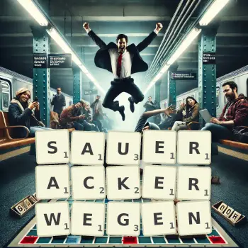 Kreative Illustration für ein Scrabble-Spiel, bei dem das Wort SAUERACKERWEGEN mit Steinen auf dem Brett gelegt wurde.