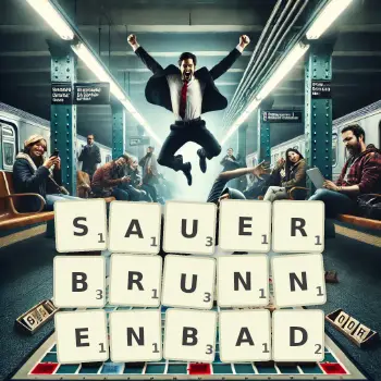 Kreative Illustration für ein Scrabble-Spiel, bei dem das Wort SAUERBRUNNENBAD mit Steinen auf dem Brett gelegt wurde.